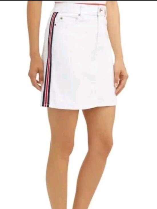 Zara Dresses & Skirts - Zara Basic White Denim Mini Skirt Side Stripes Front Pockets Belt Loops Large